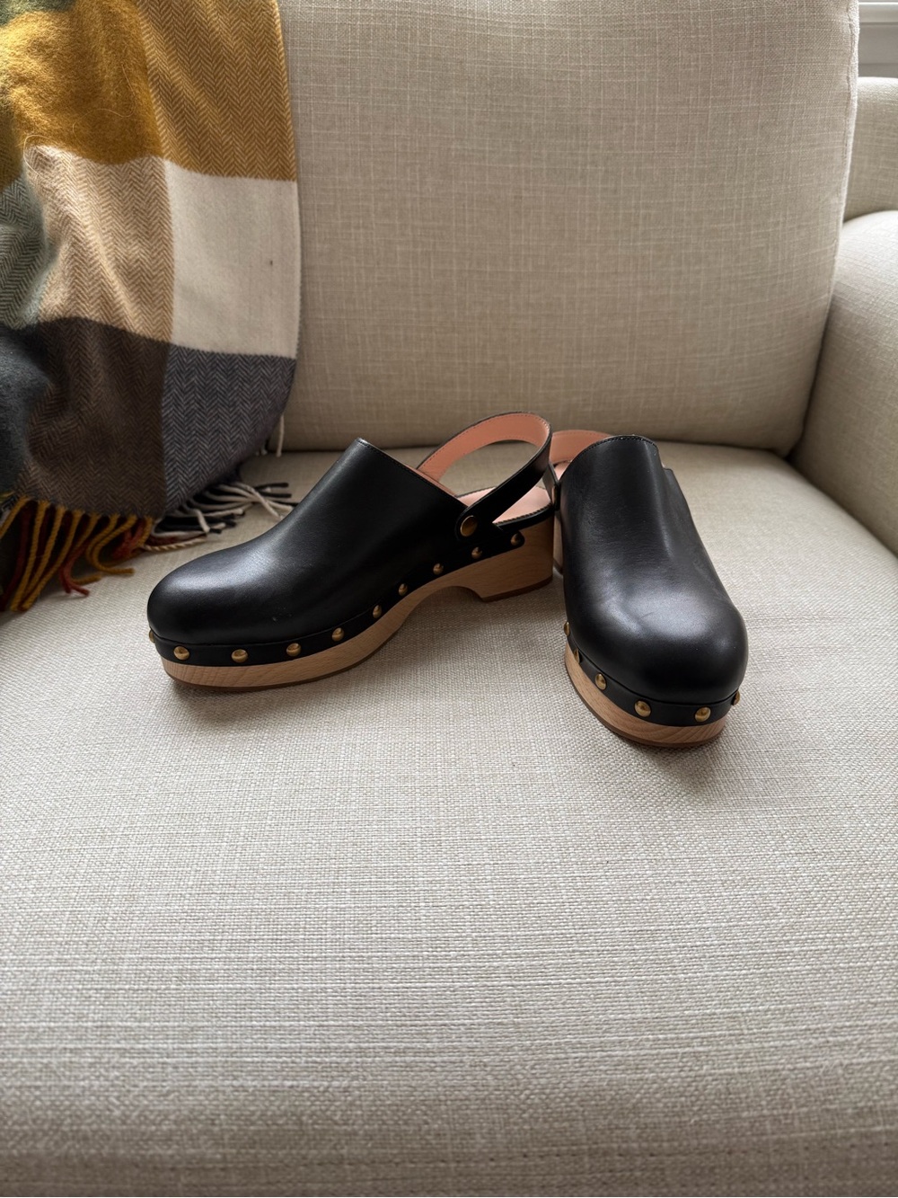 J Crew Black Leather Slingback Clogs with Studded Wood Platform - size 8